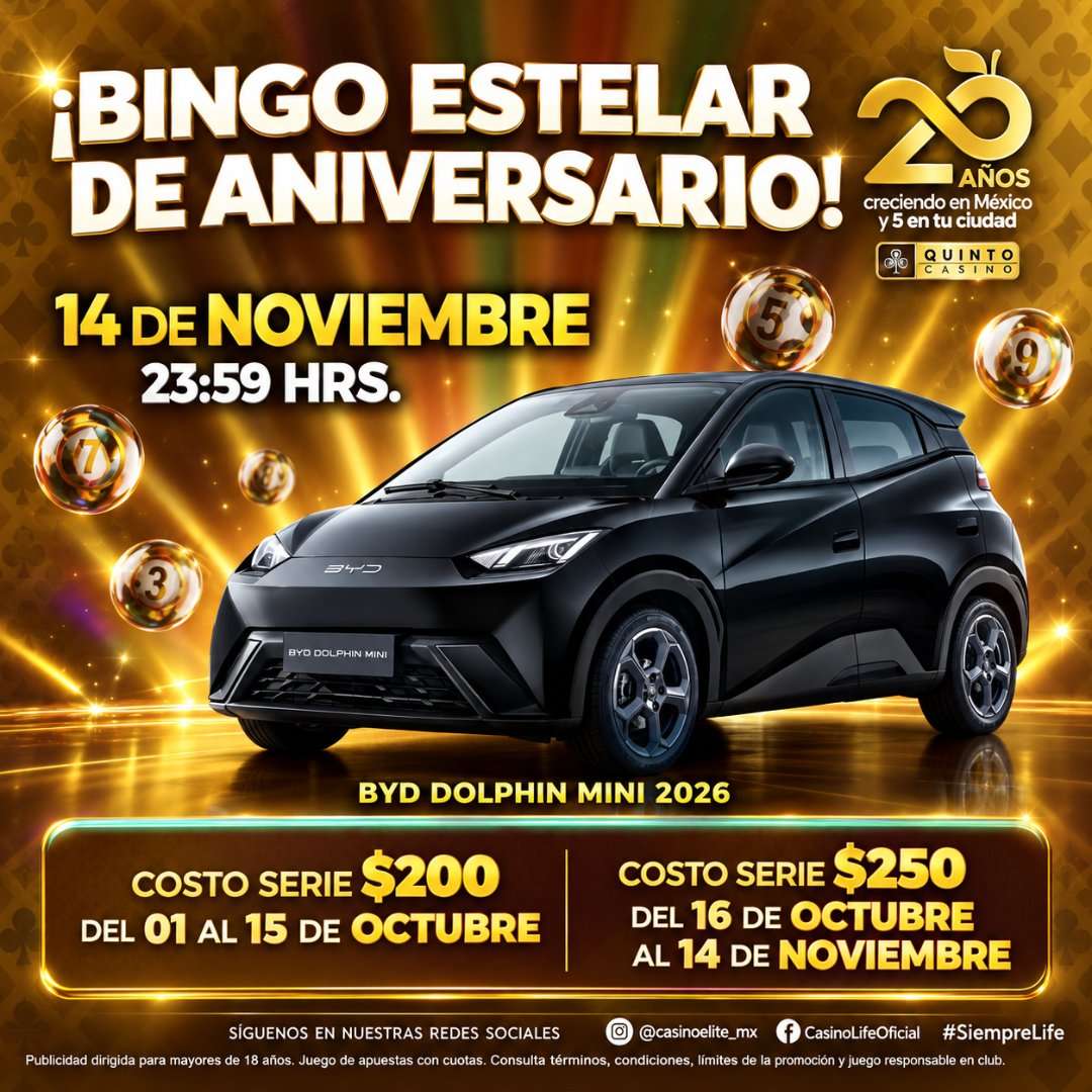 Bingo Estelar de Aniversario en Jai Casino Tuxtla: participa por un BYD Dolphin Mini 2026 el 14 de noviembre