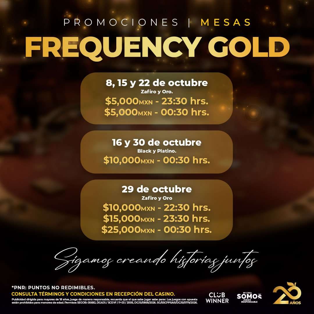 Promoción Frequency Gold en mesas de Casino Life Del Valle, fechas de octubre por nivel Club Winner